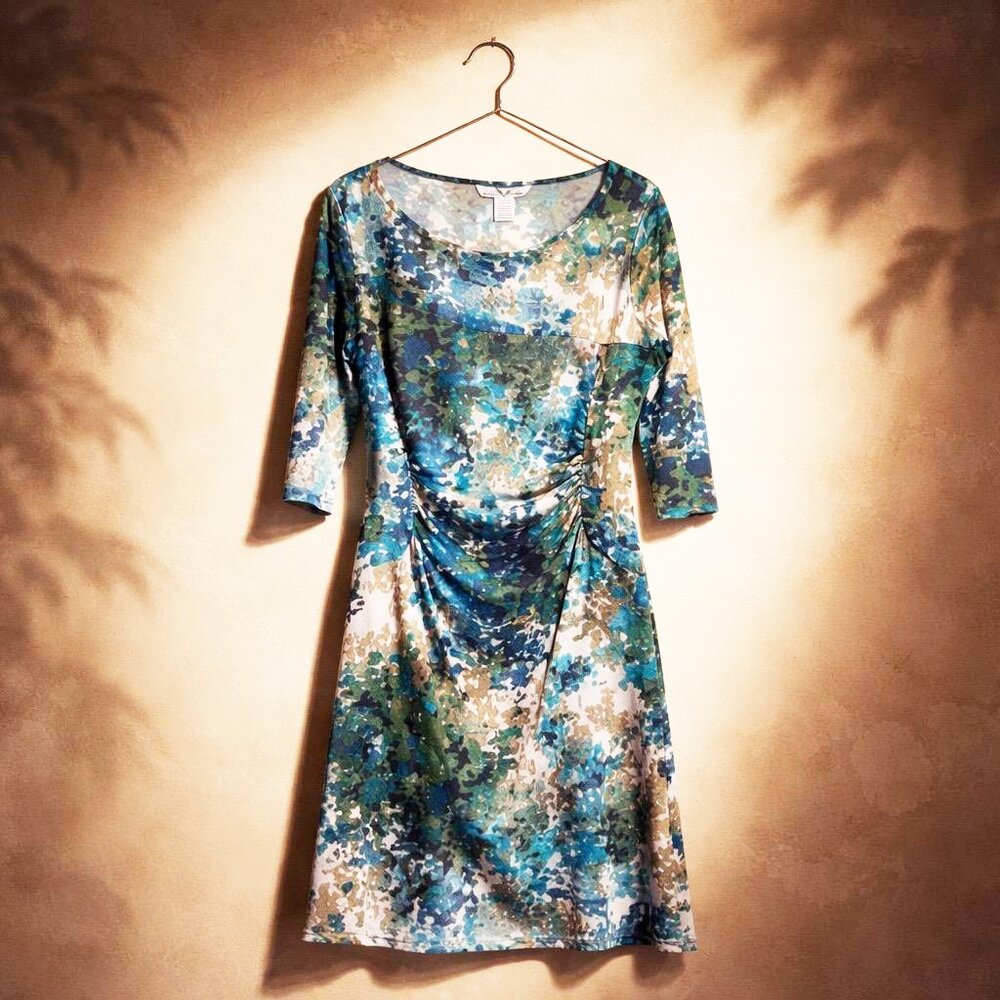 "Christine Abstract Print Ruched Midi Dress 3/4 Sleeve Size M Blue Green"